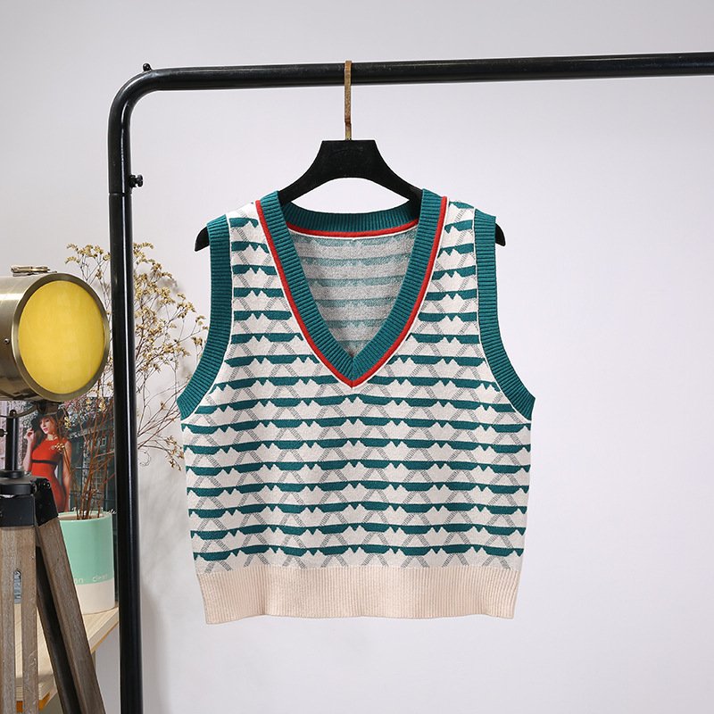 Retro Contrast Color Jacquard Ins Knitted Vest For Women - Image 5