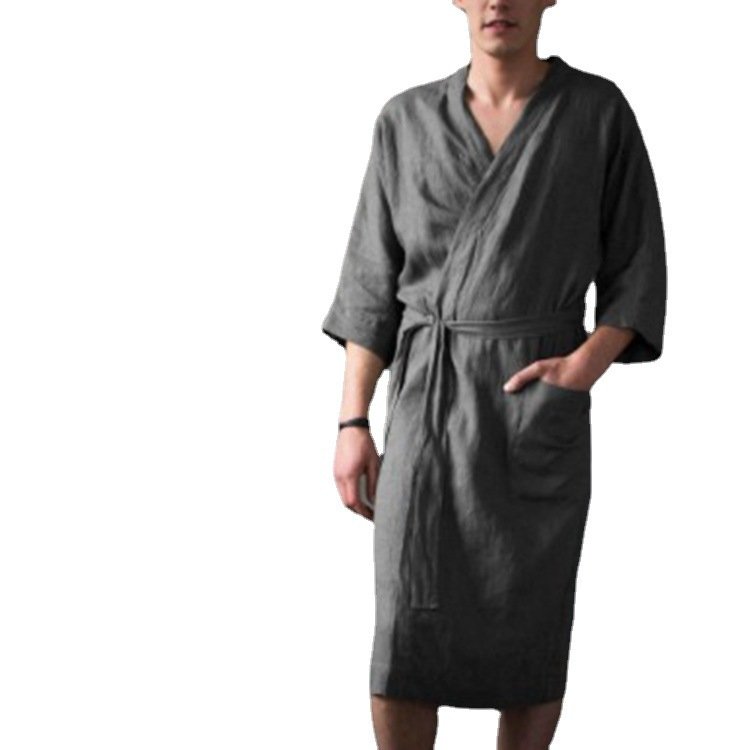 Men's And Women's Long Solid Color Linen Pajamas Robe Bathrobe - Image 5