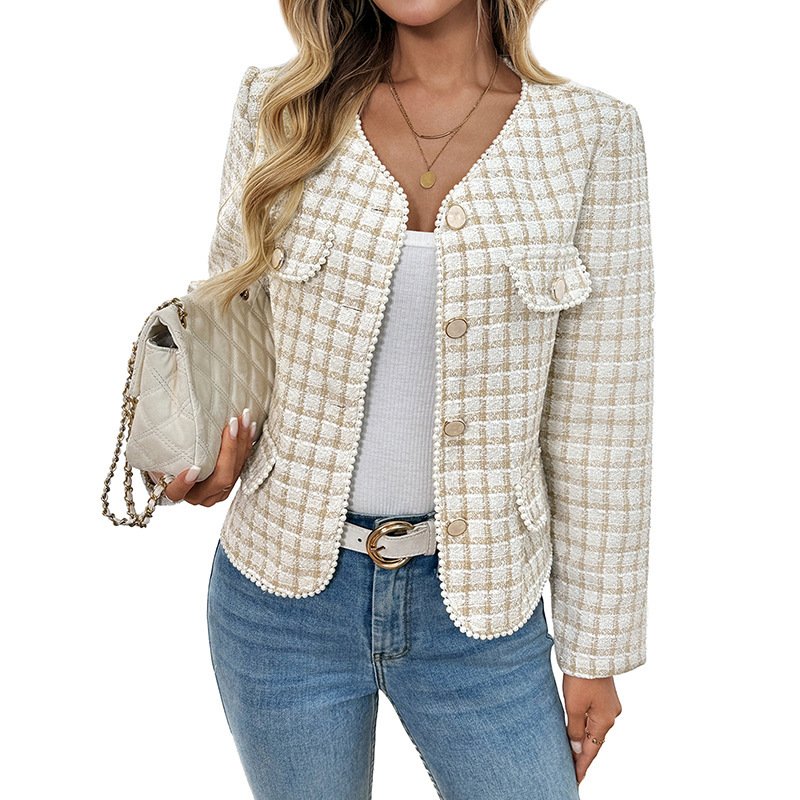 Elegant Retro Debutante Style Women's Lace V-neck Plaid Coat - Image 5