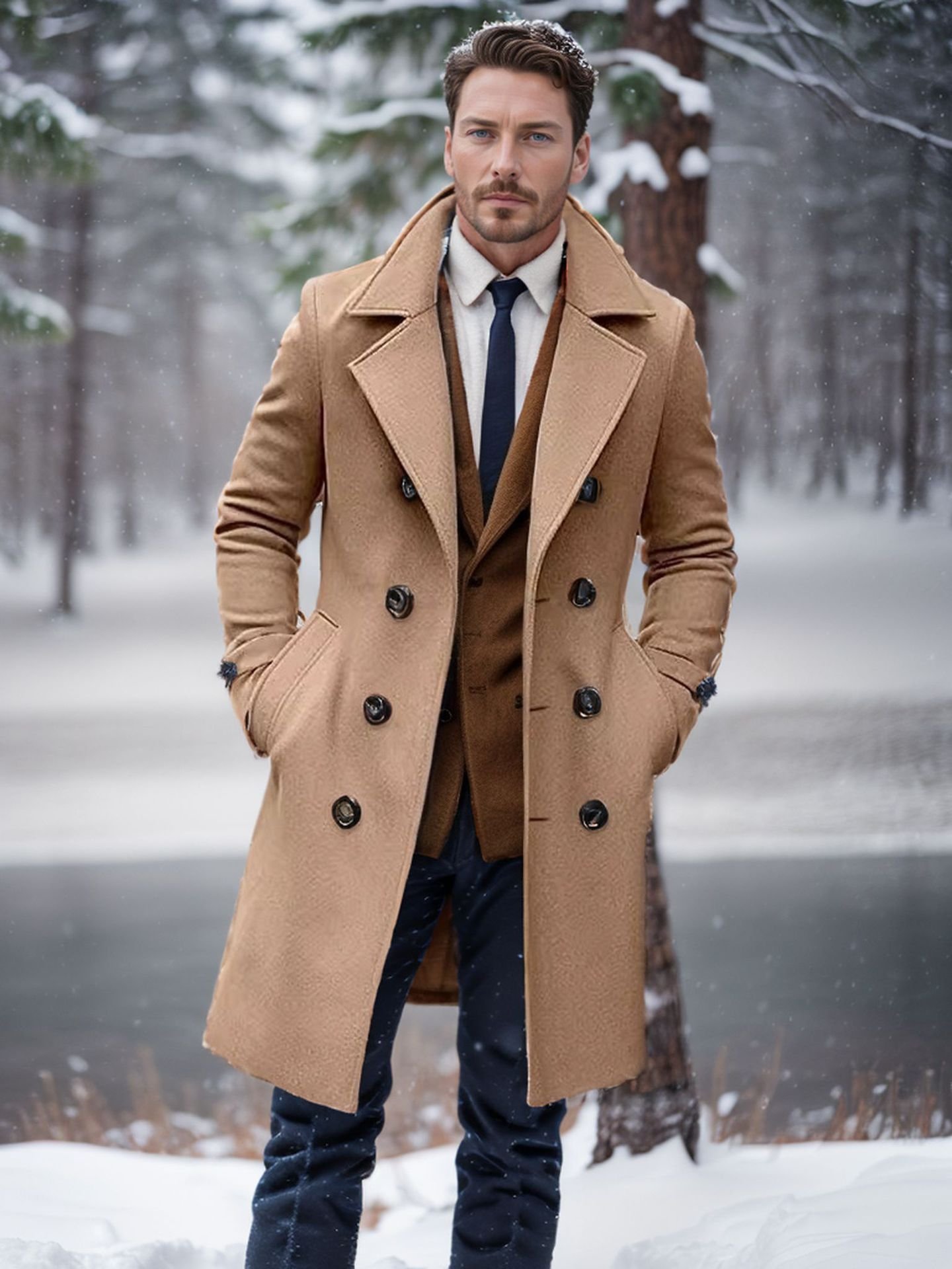 Mid-length Double-breasted Men's Slim-fit Woolen Coat - Image 2