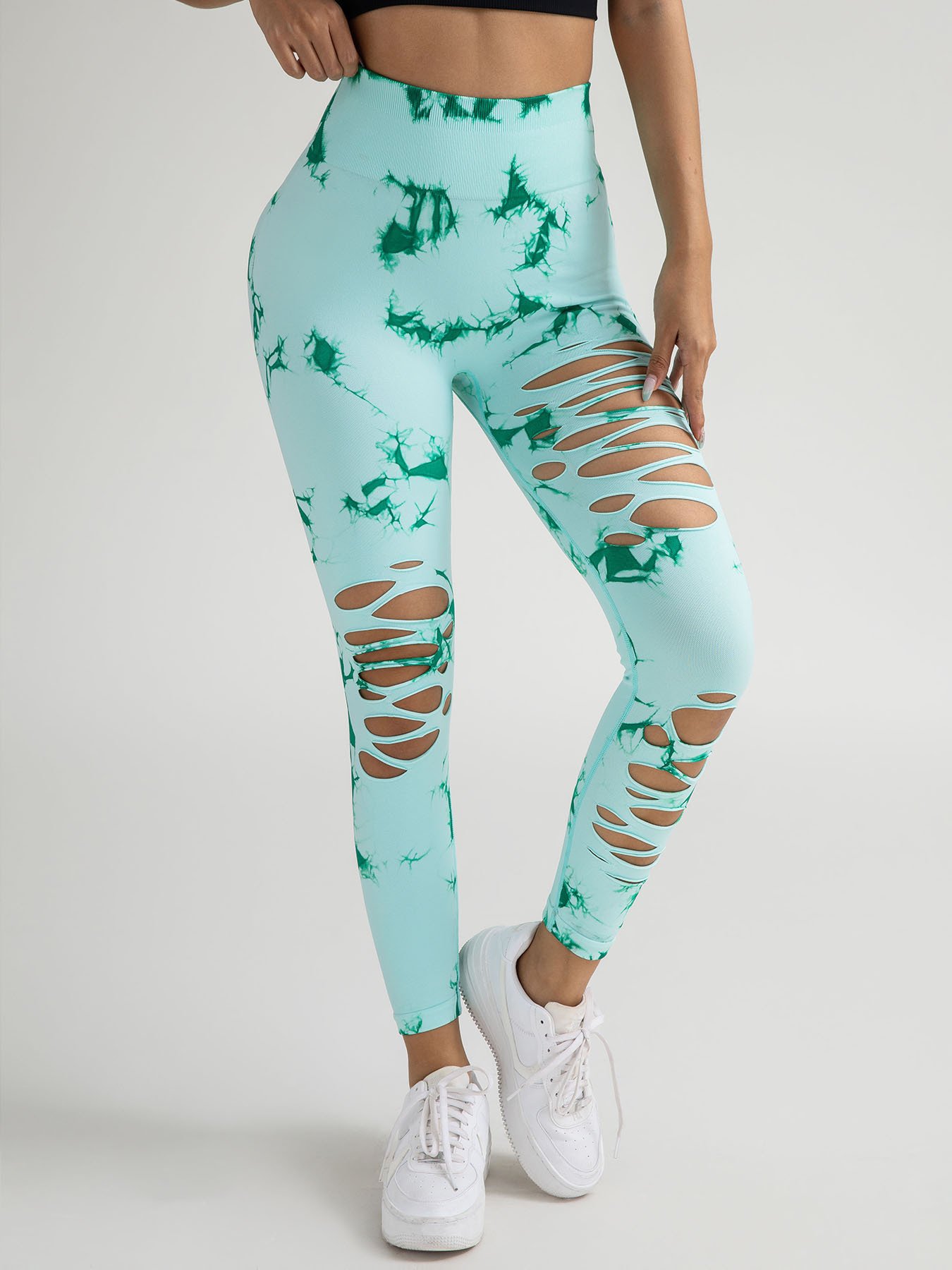 New Style Women's High-Waisted Yoga Leggings With Hollow-Out & Tie-Dye Design - Image 2