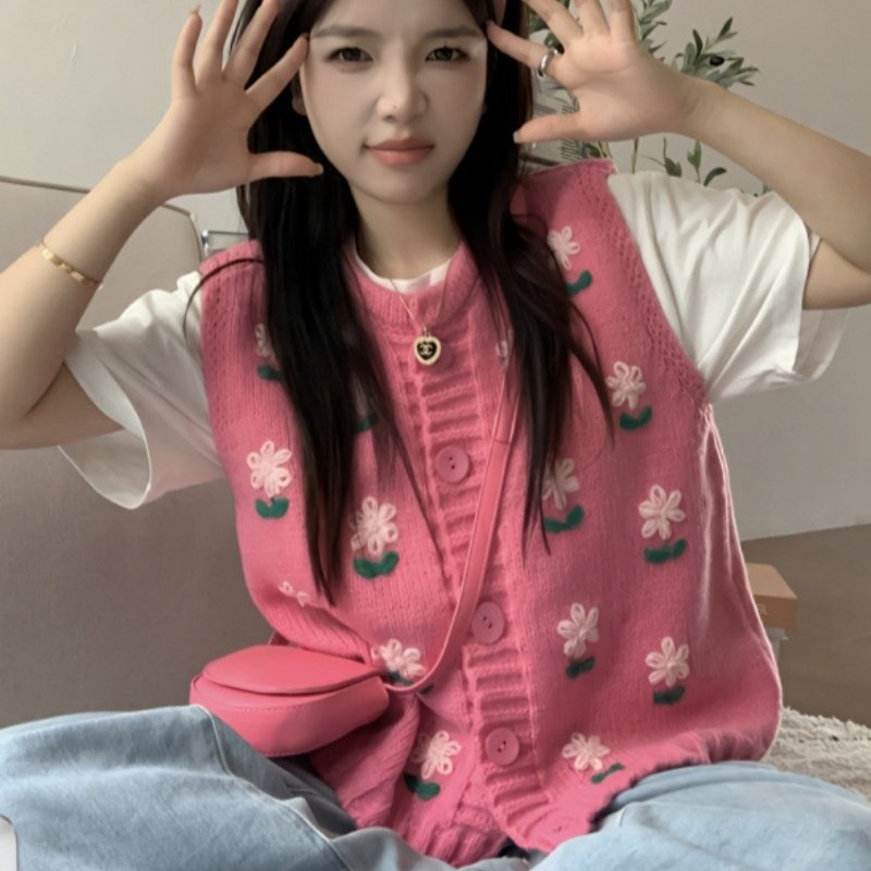 Embroidery Flower Knitted Vest Cardigan Sweet Sweater