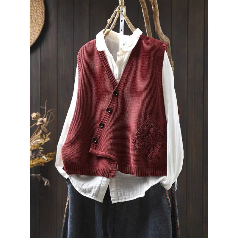 Women's V-neck Cotton Knitted Vest Cardigan - Image 7