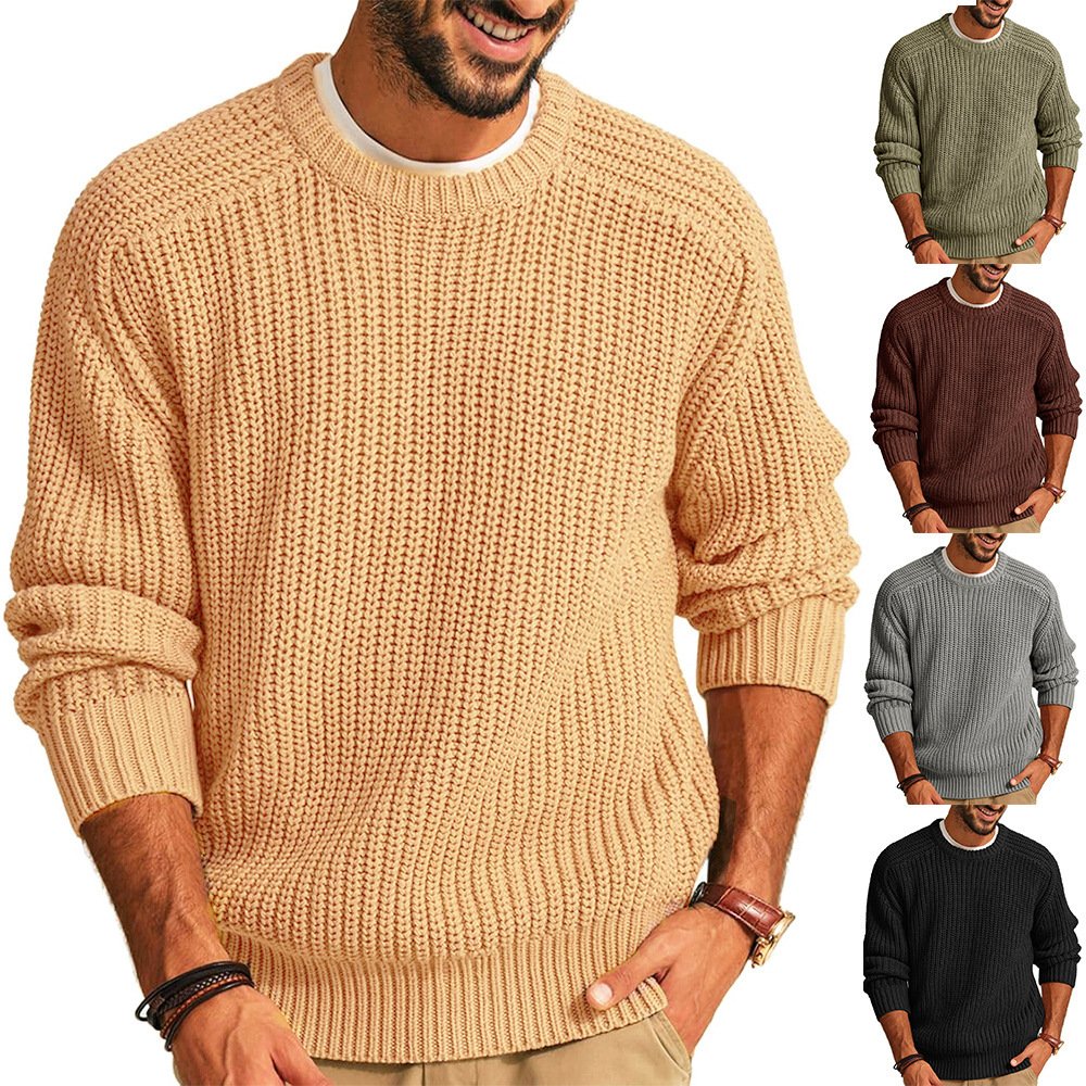 Men's Solid Color Long Sleeve Round Neck Fashion Sweater Loose Retro Sweater - Image 2