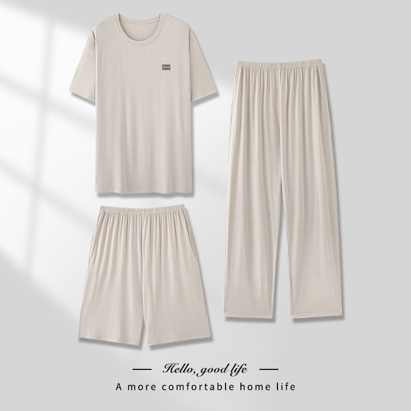 Men's Pajamas Thin Spring And Summer Modal Short-sleeved Trousers Three-piece Home Wear Suit - Image 4