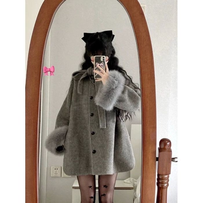 Gray Hepburn Style New Small Bow Coat - Image 6