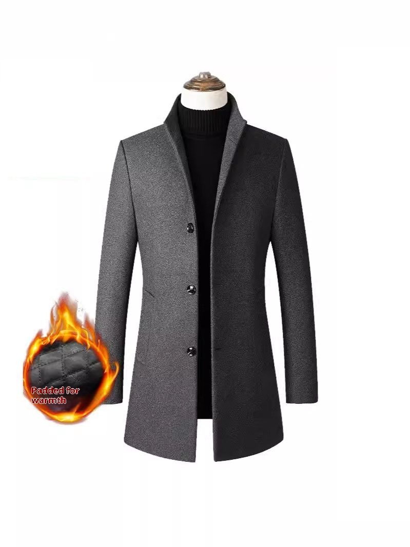 European And American Single-breasted Stand Collar Coat Cotton Padded Men's Trench Coat Woolen Coat - Image 7