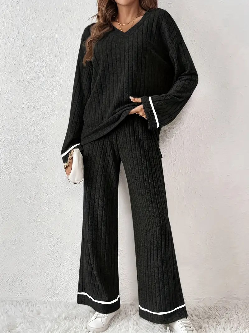 Black Striped Loose-fitting Sanding Sunken Stripe Simple Homewear Suit - Image 6