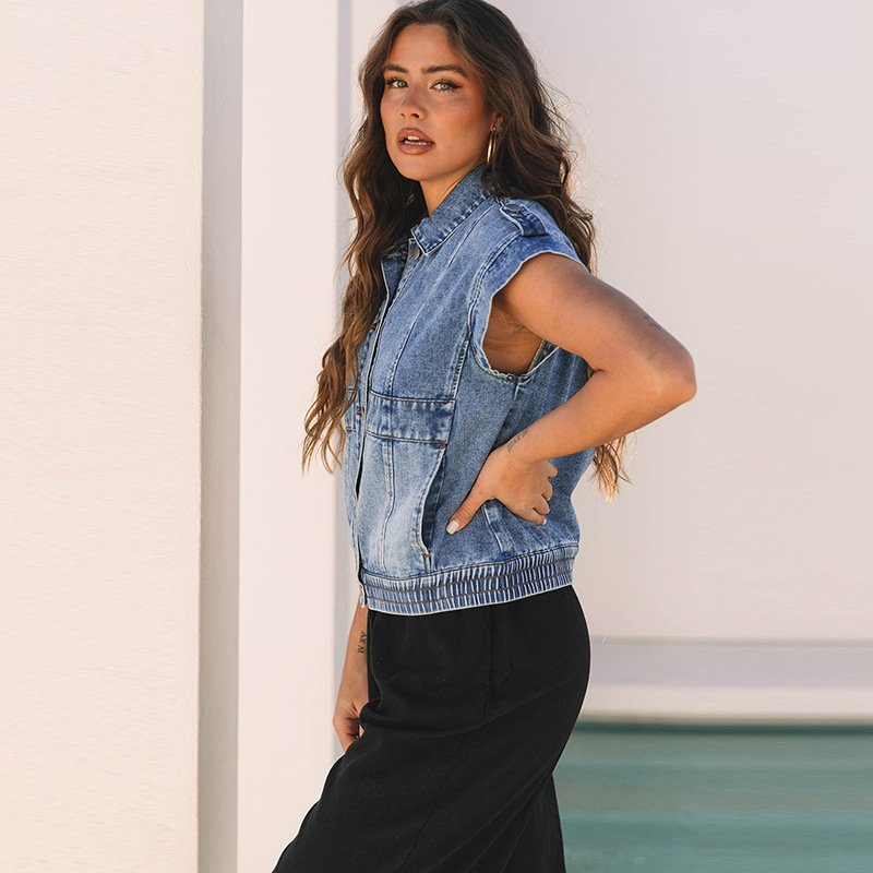 Denim Women's Single-breasted Lapel Short Sleeve Vest Coat - Image 2