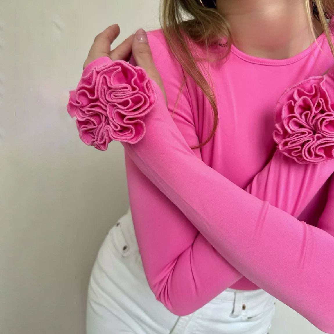 Three-dimensional Floral Long Sleeve Niche Round Neck Slim-fit Tops - Image 8