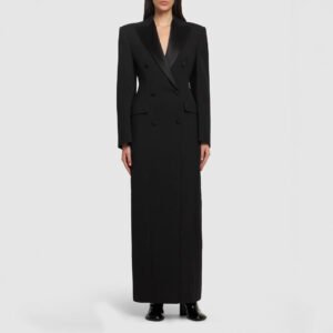 Satin Inlaid Color Collar Double Breasted Black Suit Fashion Trench Coat