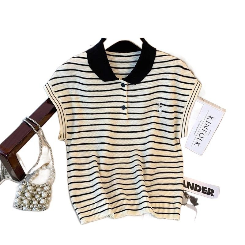 Ice Silk Short Sleeve Striped Embroidery Contrast Color Button Polo - Image 5