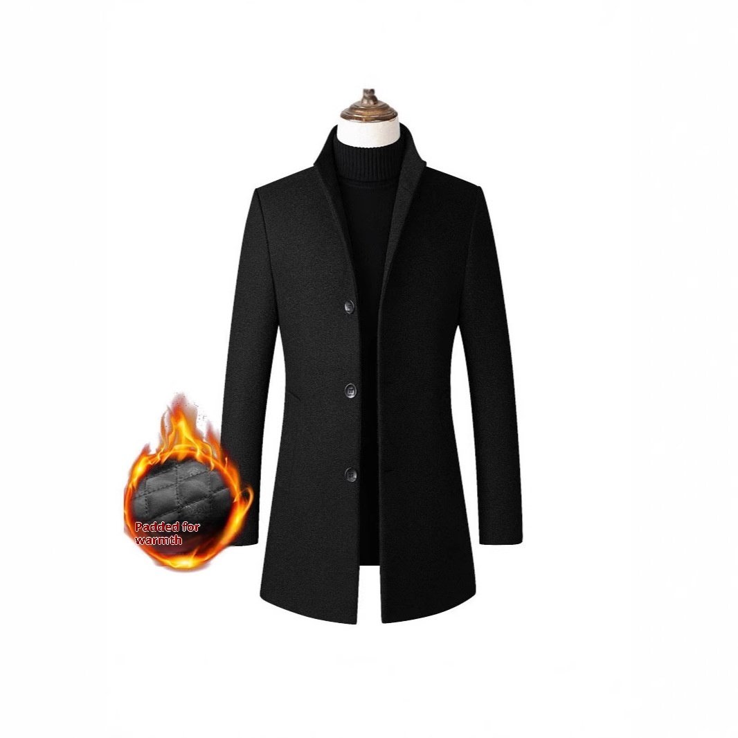 European And American Single-breasted Stand Collar Coat Cotton Padded Men's Trench Coat Woolen Coat - Image 3