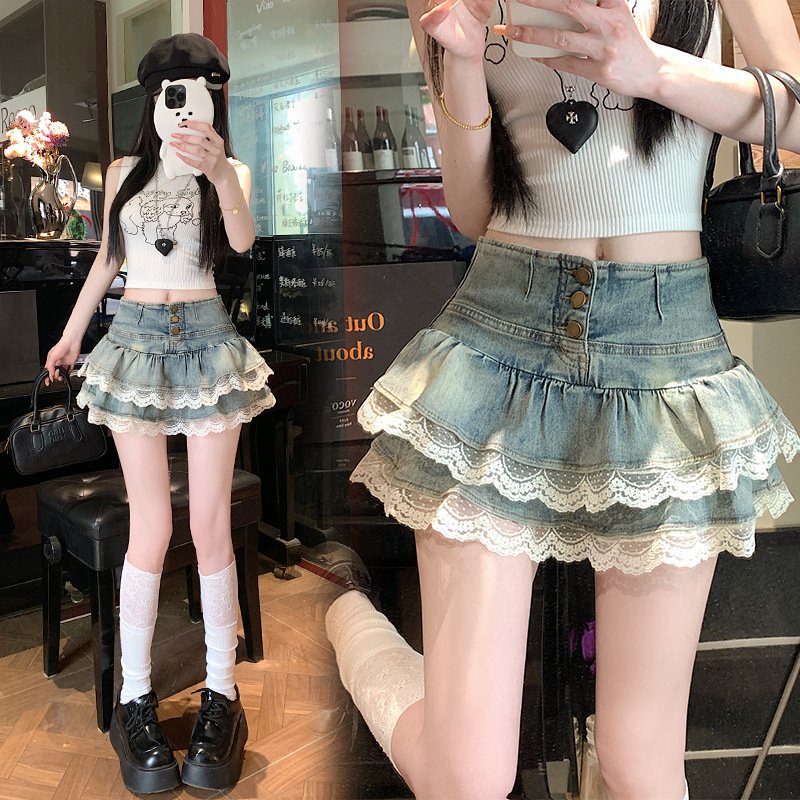 Pure Hot Girl Style Double-layer Lace Ruffled Denim Skirt Women - Image 7
