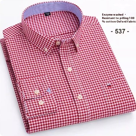 Men's Pure Cotton Oxford Plaid Long-sleeved Shirt - Image 4