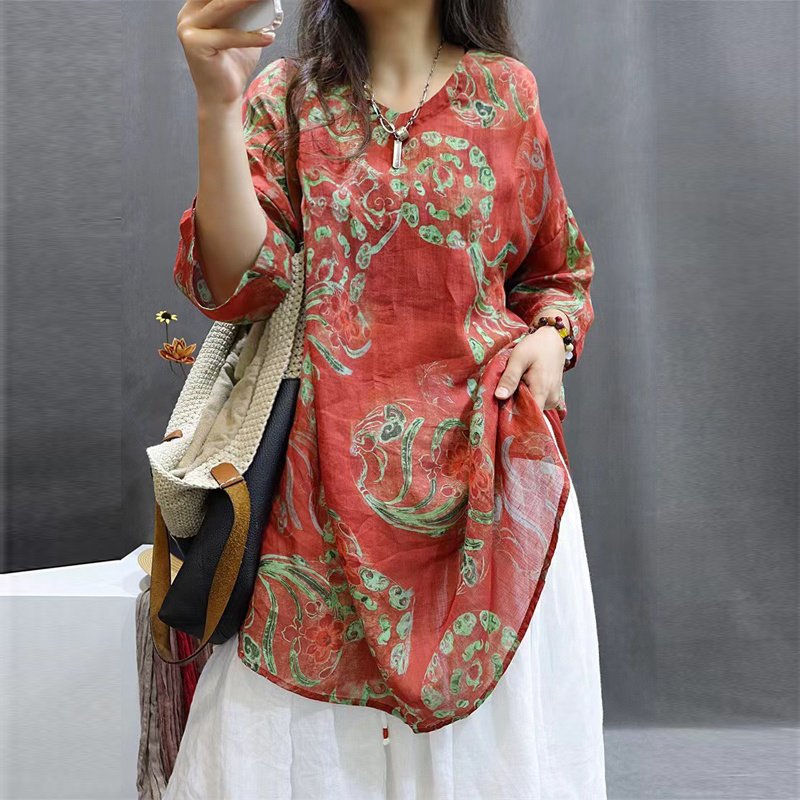 Women's Soft Printed Mid-Sleeve Top Casual Round Neck Tunic For Spring And Summer - Image 2