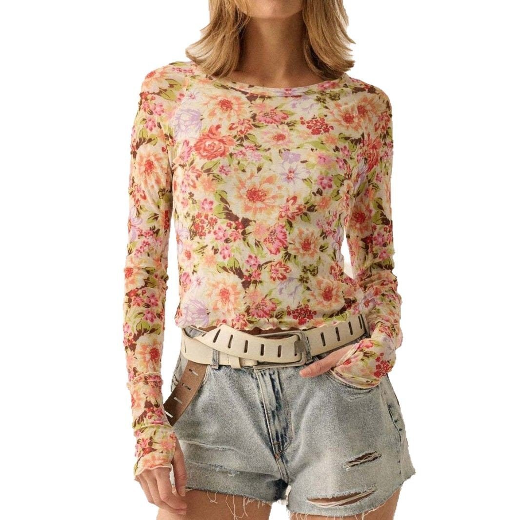 Floral Mesh Round Neck Long Sleeve Mesh Fashion Slim Top - Image 5