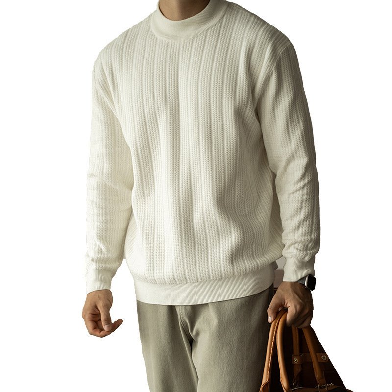 Half Turtleneck Bottoming Mid Collar Sunken Stripe Knitwear Sweater For Men - Image 4