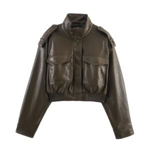 Long Sleeve Slim-fit Faux Leather Short Jacket