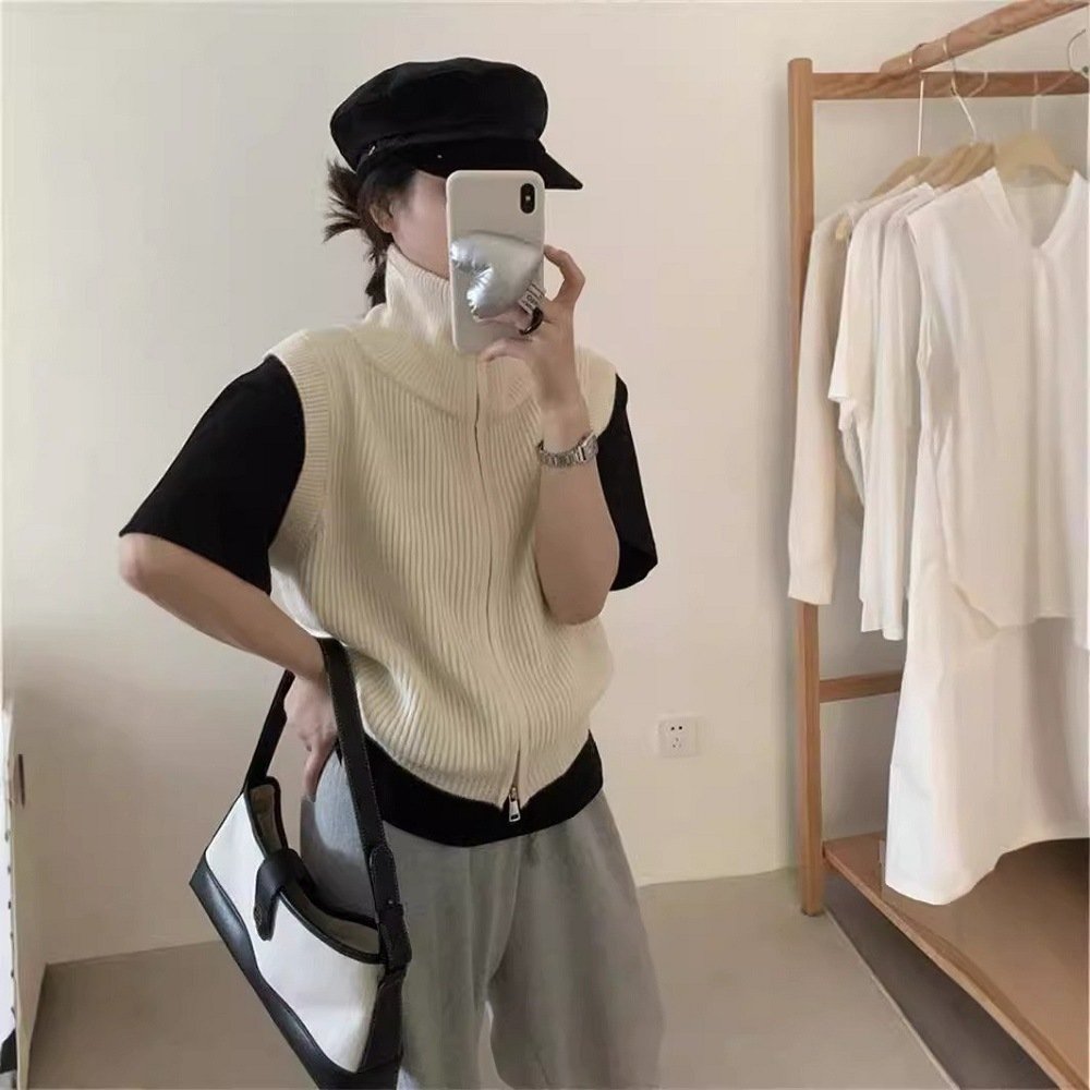 Simple Turtleneck Double Zipper Knitted Cardigan Vest - Image 6