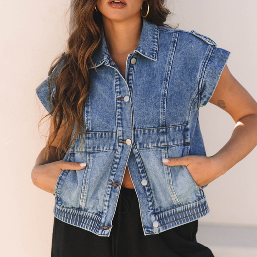 Denim Women's Single-breasted Lapel Short Sleeve Vest Coat