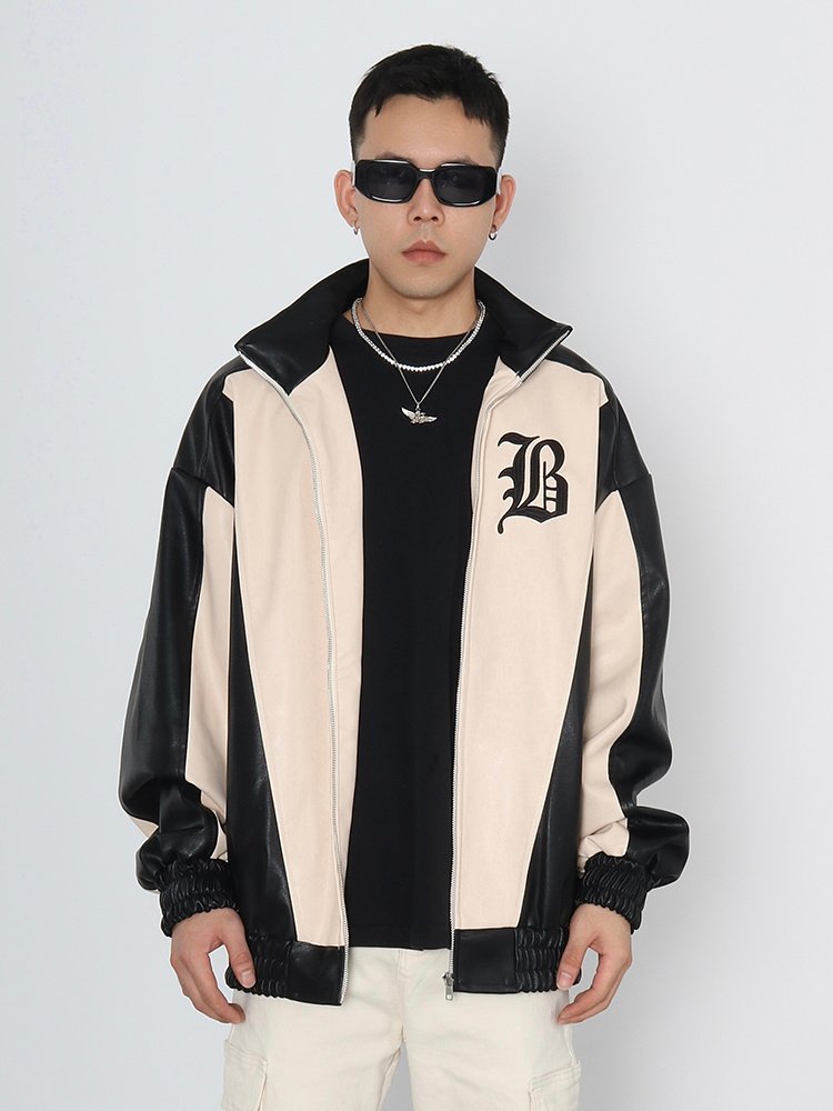 High Street Contrast Patchwork Embroidered Leather Jacket - Image 6