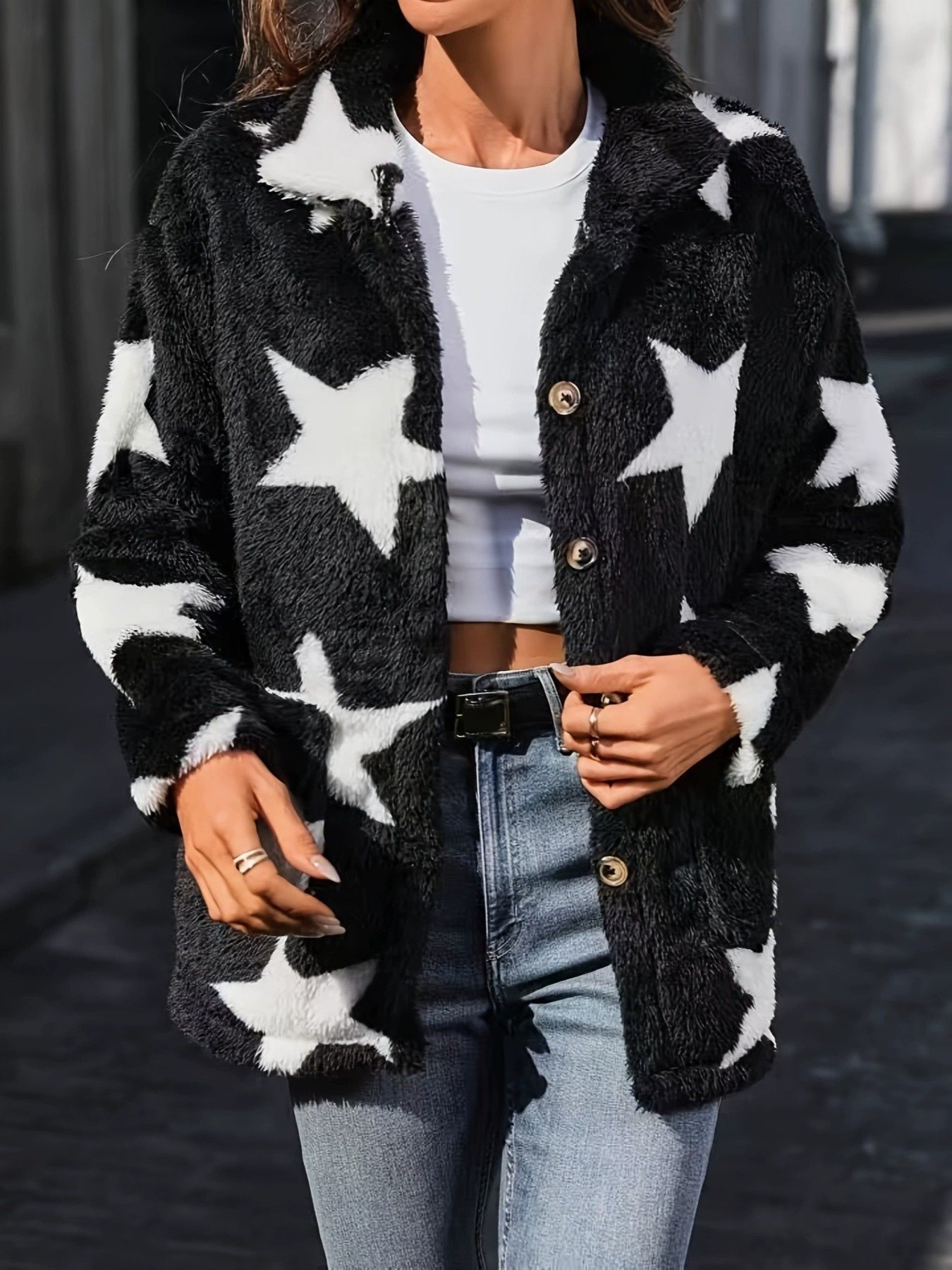 Women's Printed Double-sided Plush Casual Button Plush Coat - Image 7