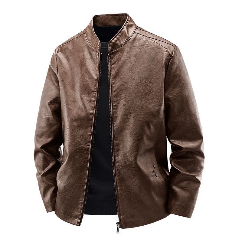 Men's Motorcycle Leather Coat Spring And Autumn Solid Color Stand Collar - Image 4