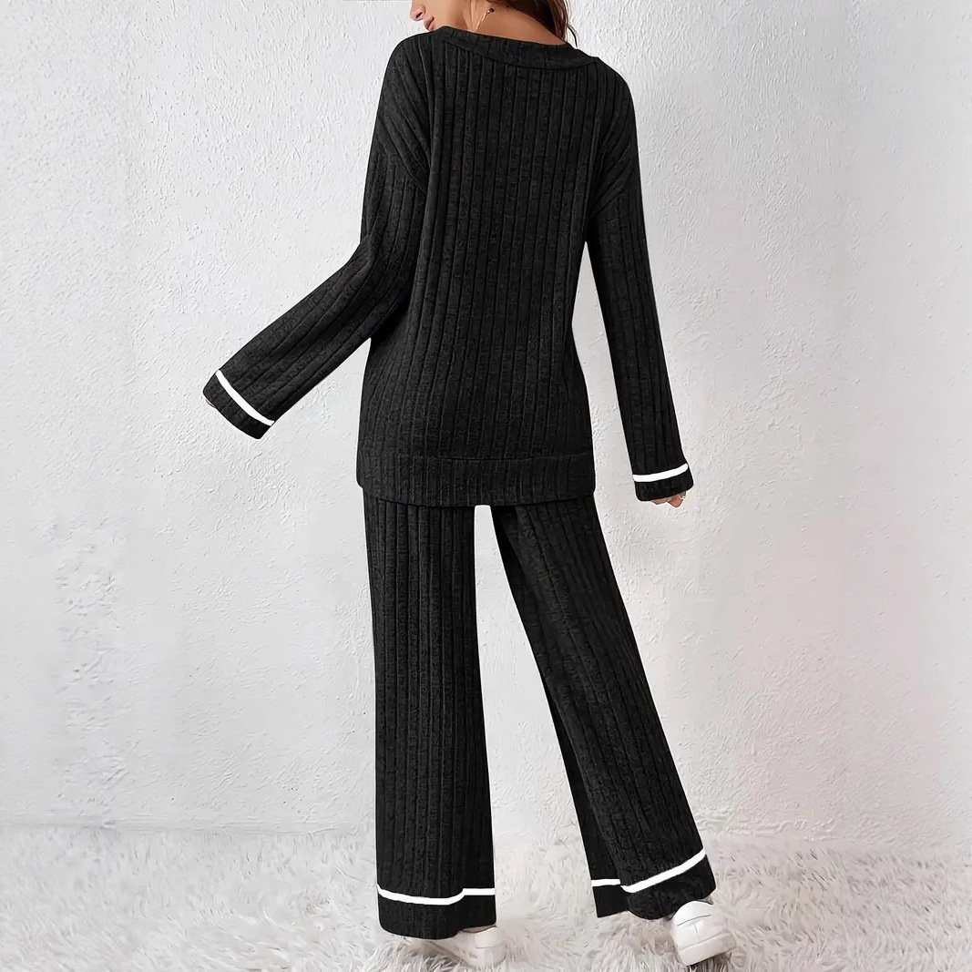 Black Striped Loose-fitting Sanding Sunken Stripe Simple Homewear Suit - Image 3