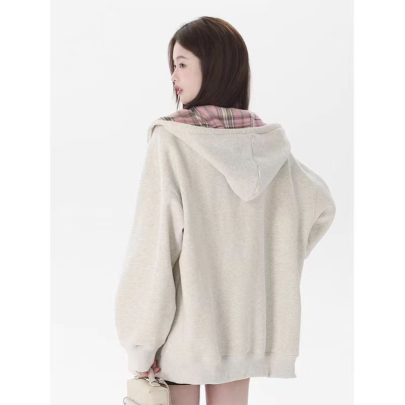 Patchwork Lining Checked Cloth Hooded Sweater Women's Long-sleeved Coat - Image 5