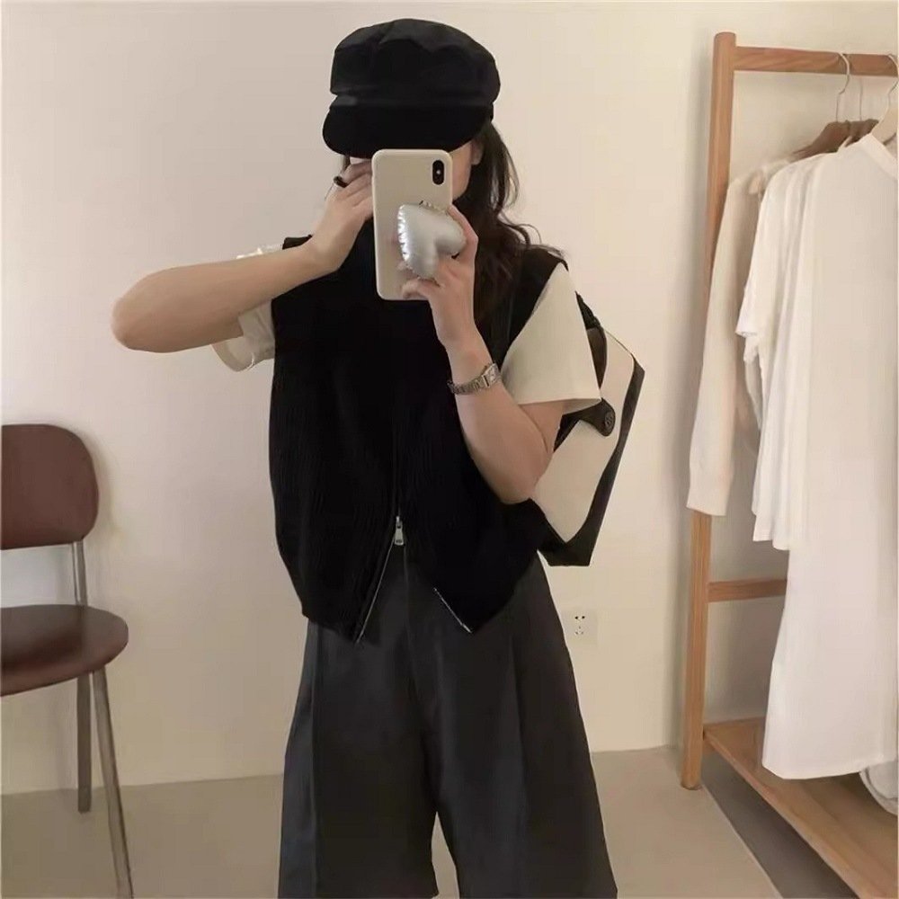 Simple Turtleneck Double Zipper Knitted Cardigan Vest - Image 9