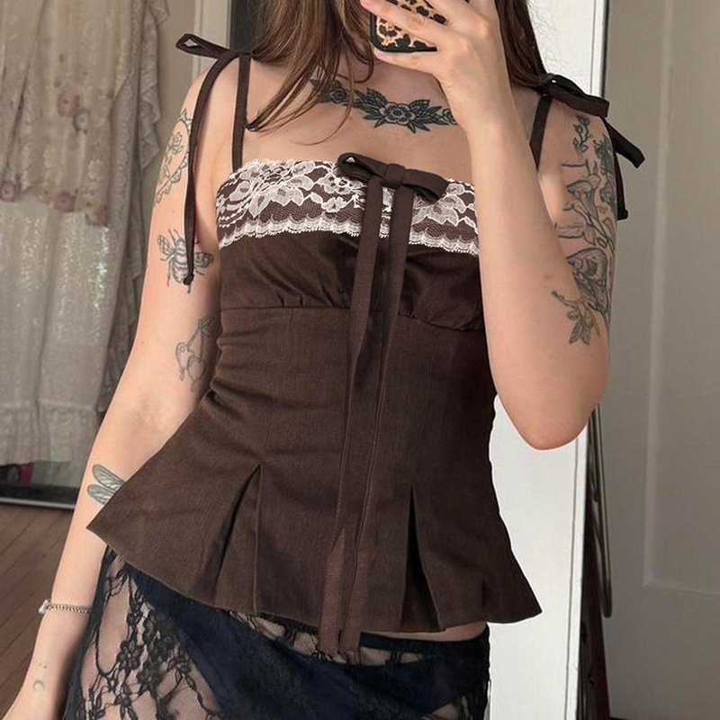 Girly Style Lace With Bow Splicing Sling Sweet Contrast Color - Image 2