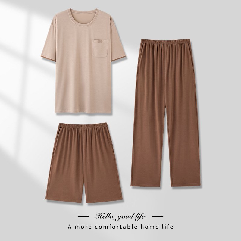 Men's Pajamas Thin Spring And Summer Modal Short-sleeved Trousers Three-piece Home Wear Suit - Image 10