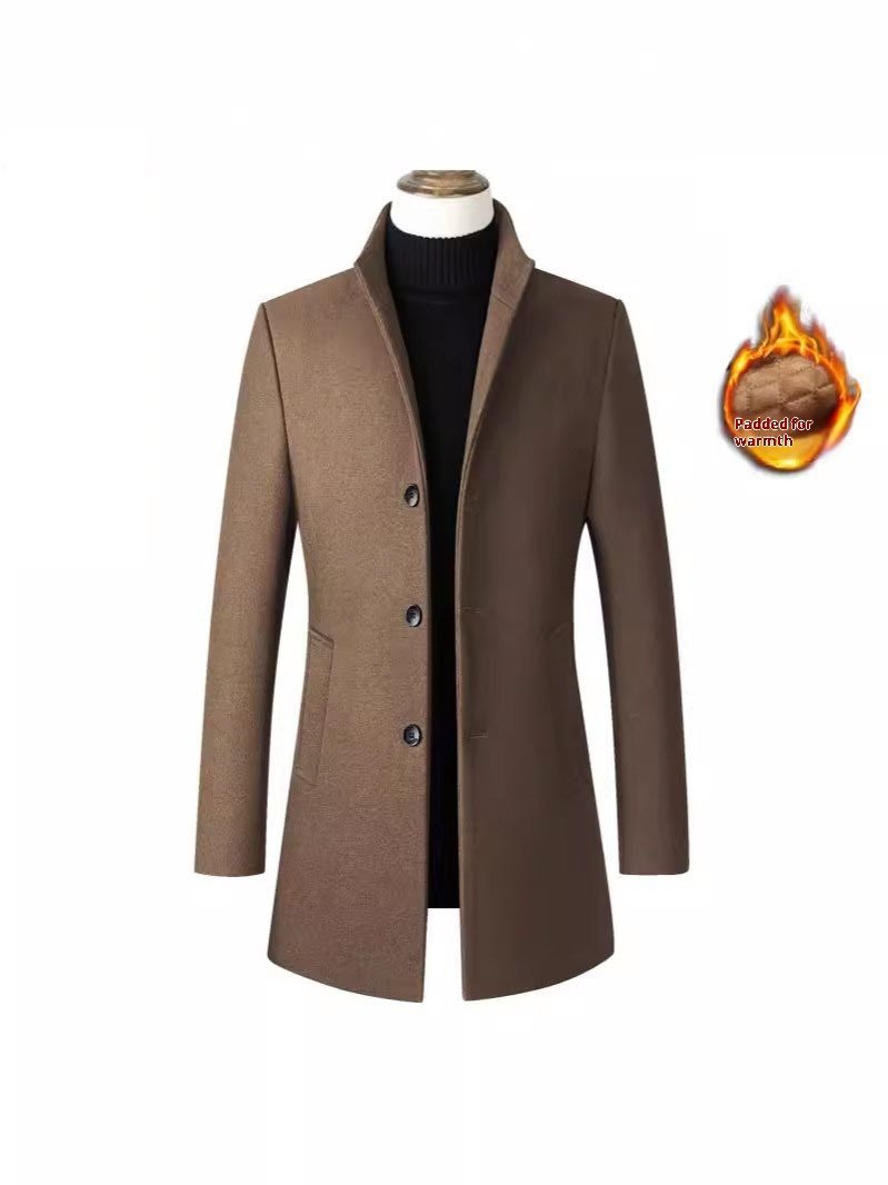 European And American Single-breasted Stand Collar Coat Cotton Padded Men's Trench Coat Woolen Coat - Image 9