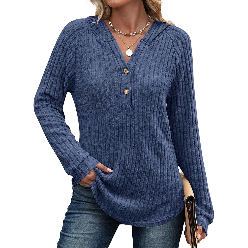 Solid Color And V-neck Button Loose Hooded Fleece Knitted Top - Image 2