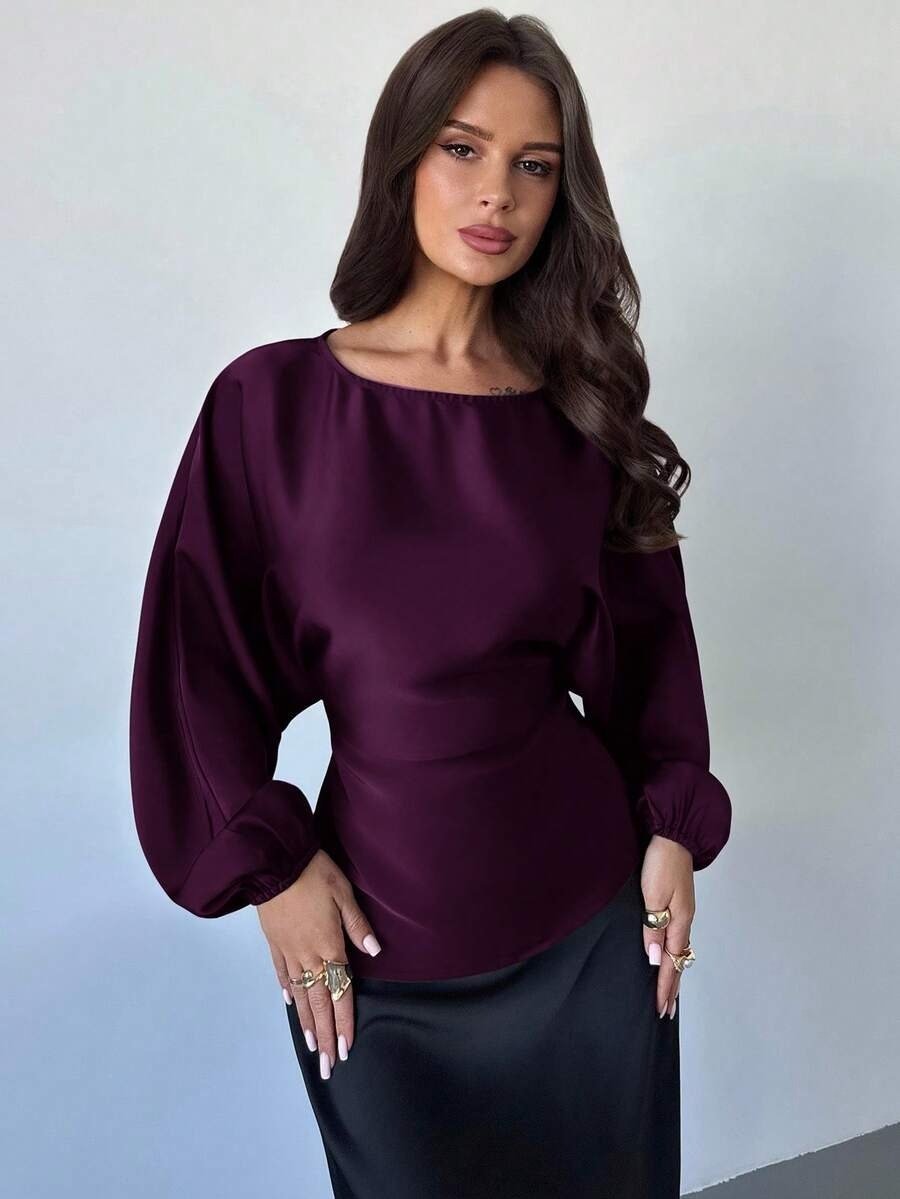 Casual Round Neck Lace-up Waist Shirt For Women - Image 10