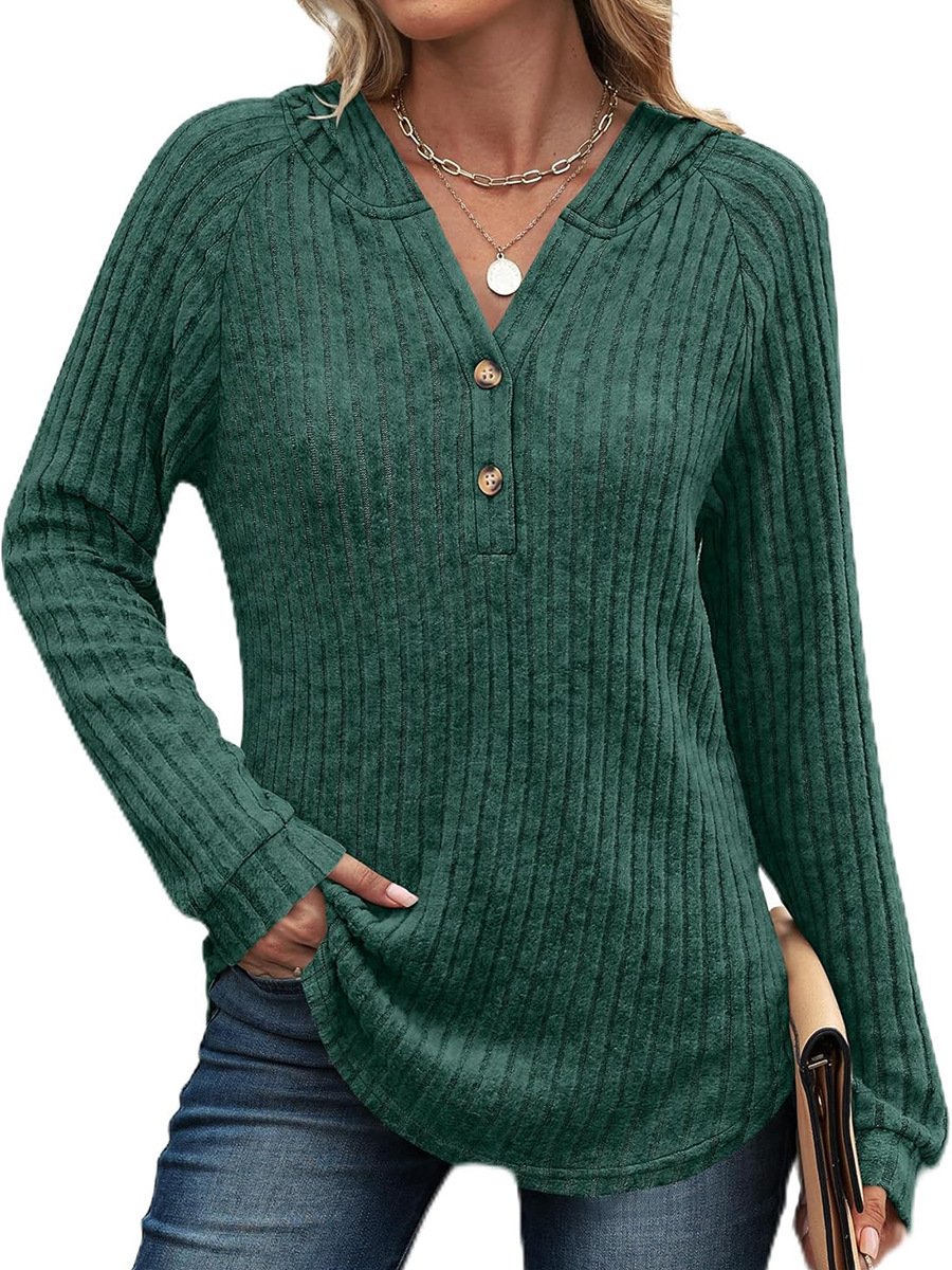 Solid Color And V-neck Button Loose Hooded Fleece Knitted Top - Image 9