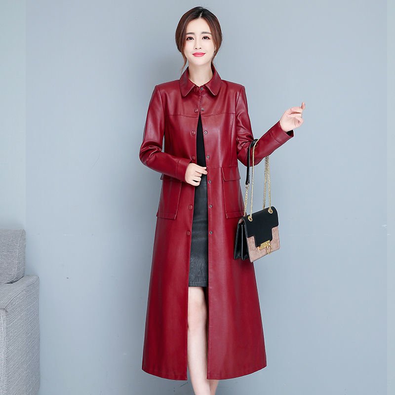 Ladies Fashion Thin Leather Trench Coat Coat - Image 2