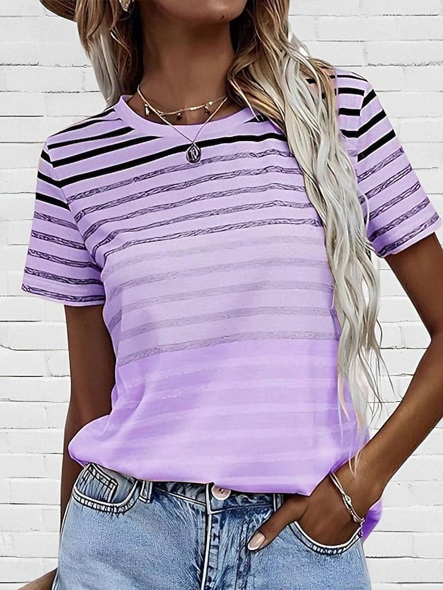 Women's Striped Gradient Round Neck Short Sleeve Top - Image 8