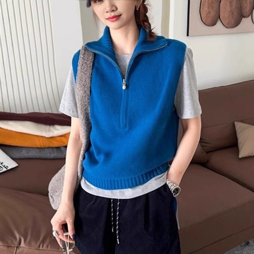 Retro Half Zipper Sleeveless Knit Vest - Image 2