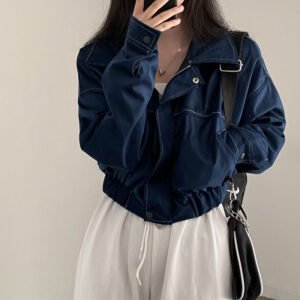 Spring Retro Casual Polo Collar Bright Line Drawstring Coat