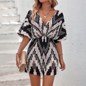 Women's Printed V-neck One-piece Sleeve Loose Jumpsuit