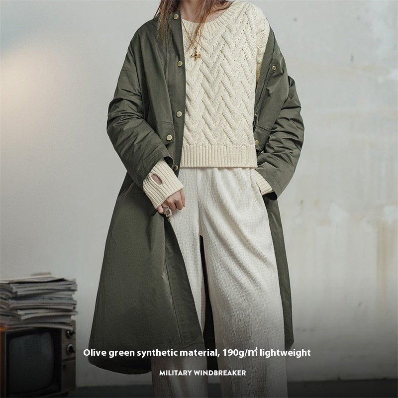 Retro Olive Green Loose Flip Pocket Trench Coat - Image 4