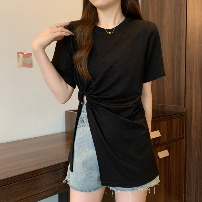 Cotton Irregular Split Short-sleeved T-shirt Women's Summer - Image 7