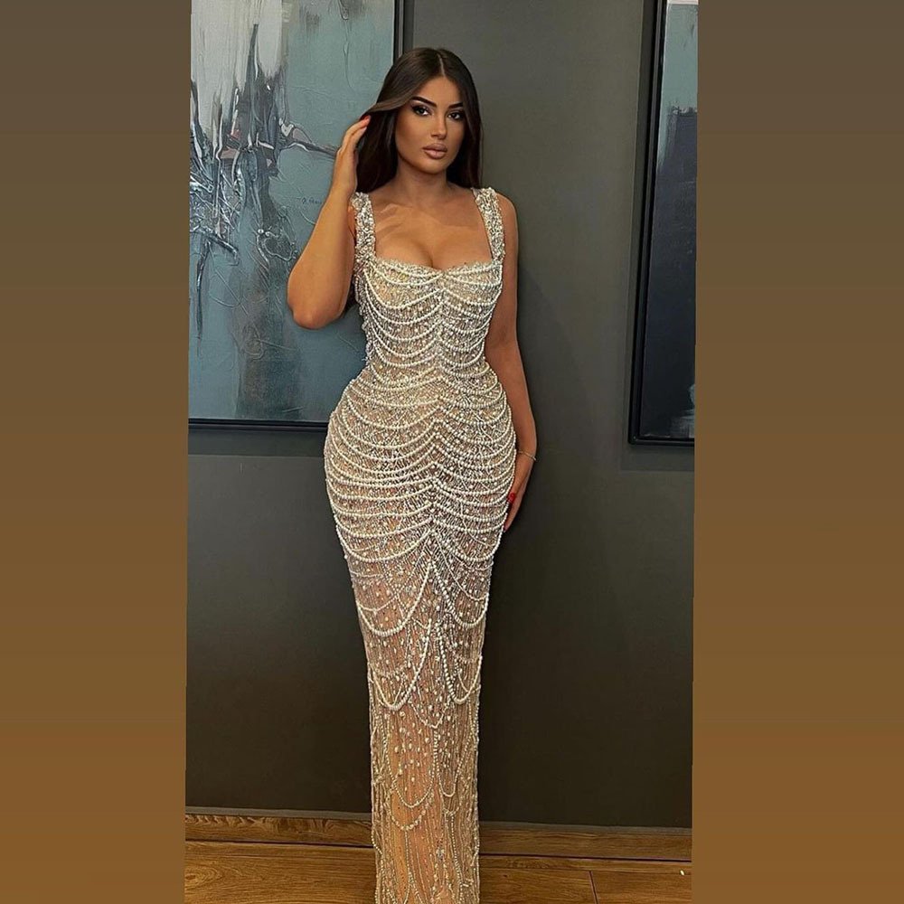 Nude Elegant Sling Light Luxury High-end Pearl Beaded Dress - Image 2