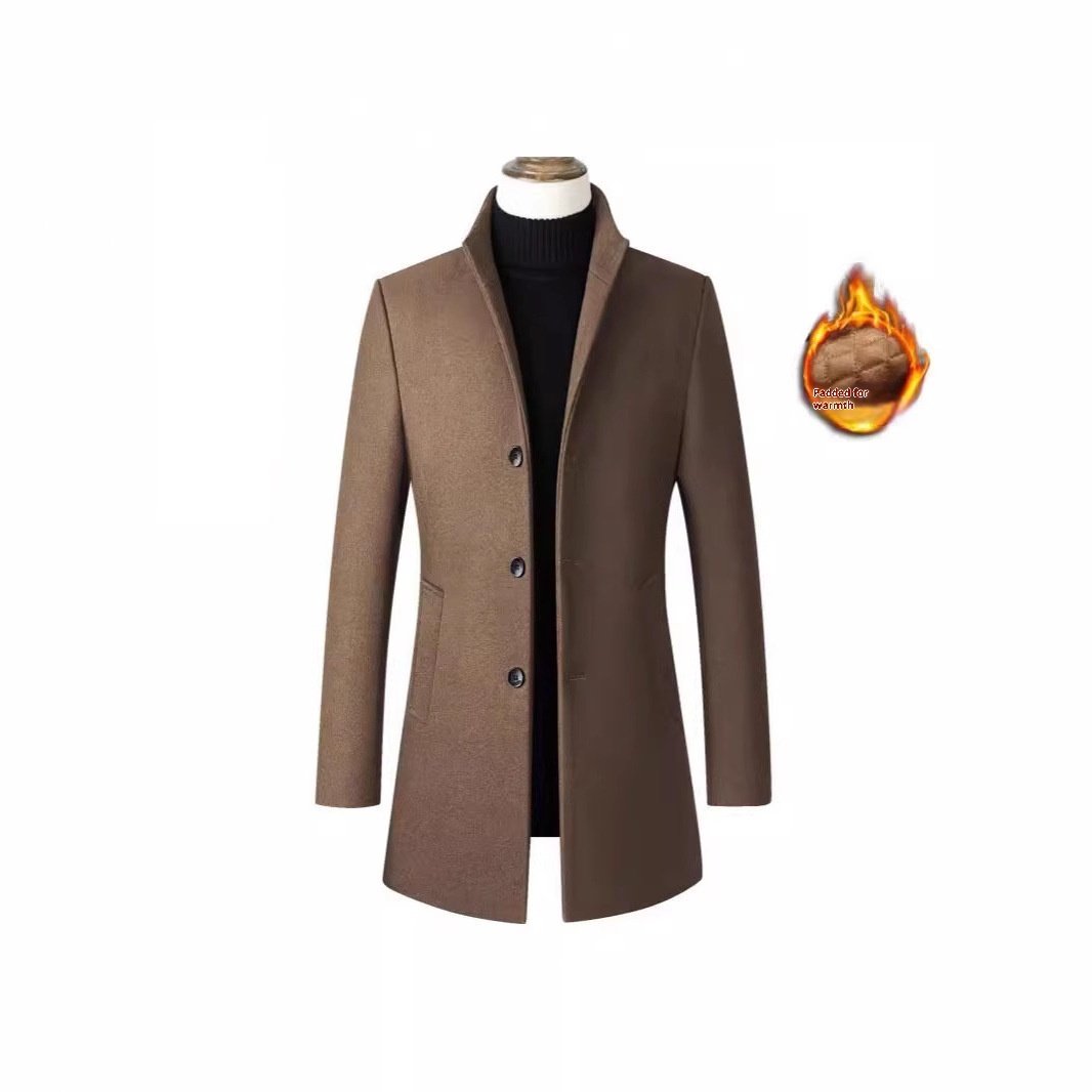 European And American Single-breasted Stand Collar Coat Cotton Padded Men's Trench Coat Woolen Coat - Image 6