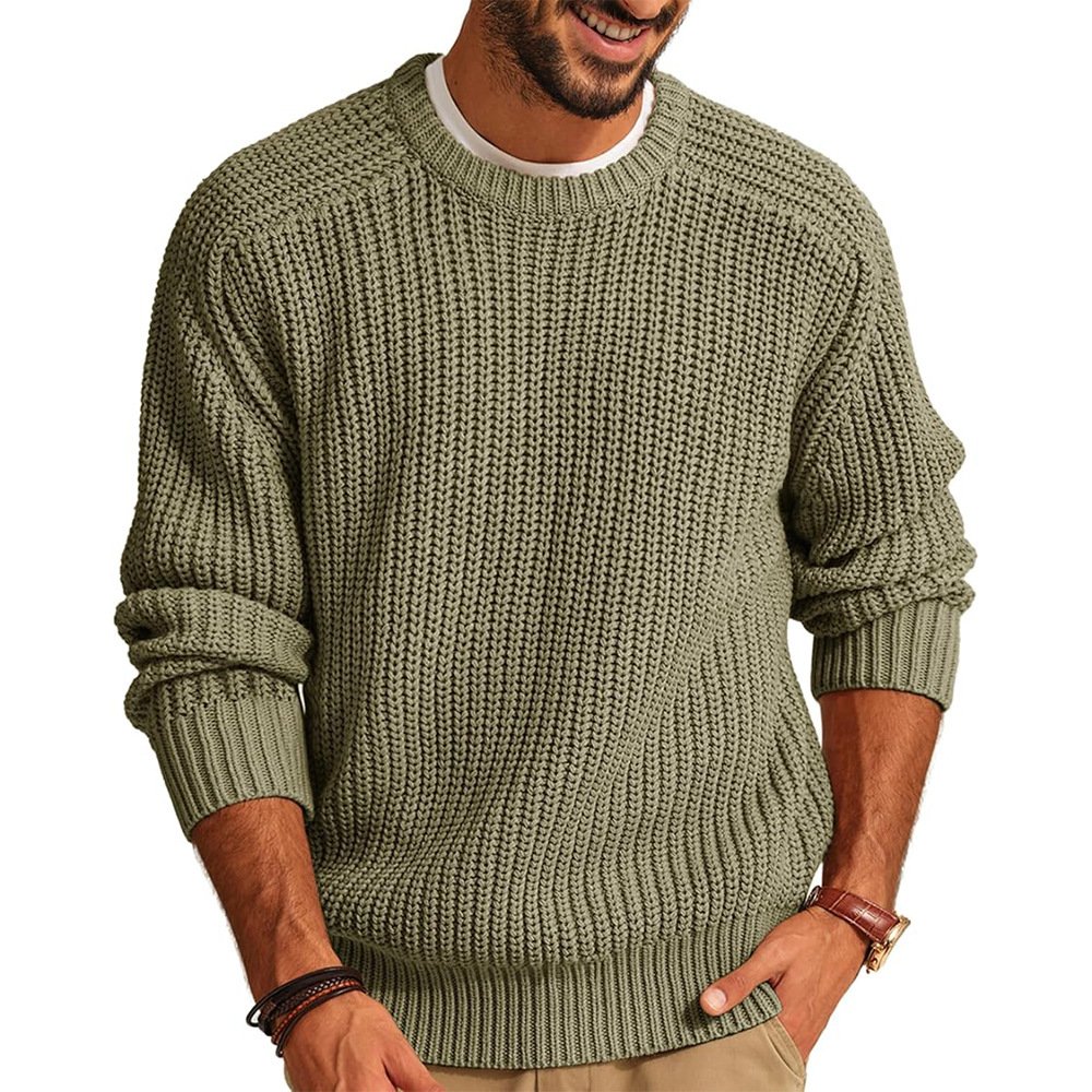 Men's Solid Color Long Sleeve Round Neck Fashion Sweater Loose Retro Sweater - Image 5