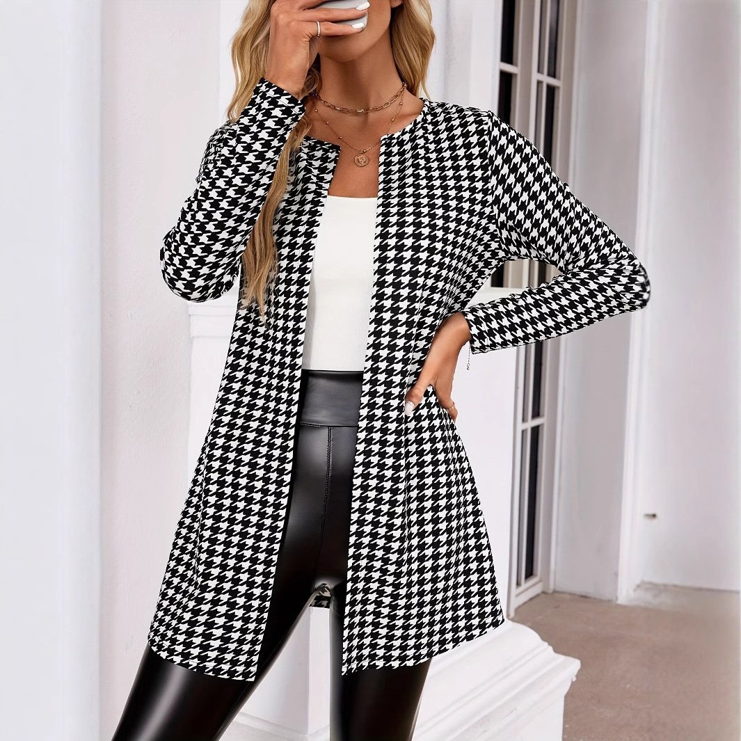 Spring And Autumn Two Seasons Women's Printed Coat Round Neck Small Suit - Image 6