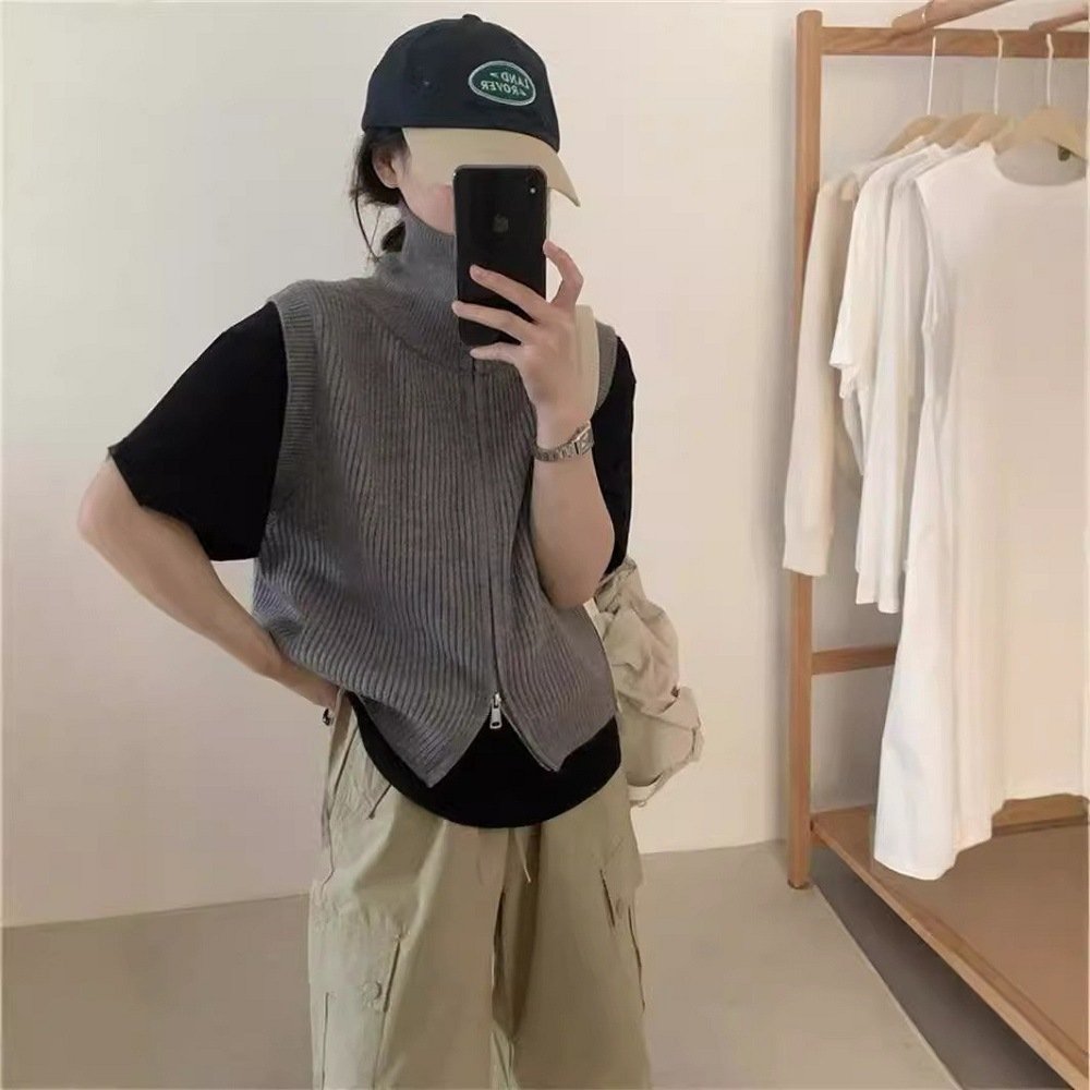 Simple Turtleneck Double Zipper Knitted Cardigan Vest - Image 7