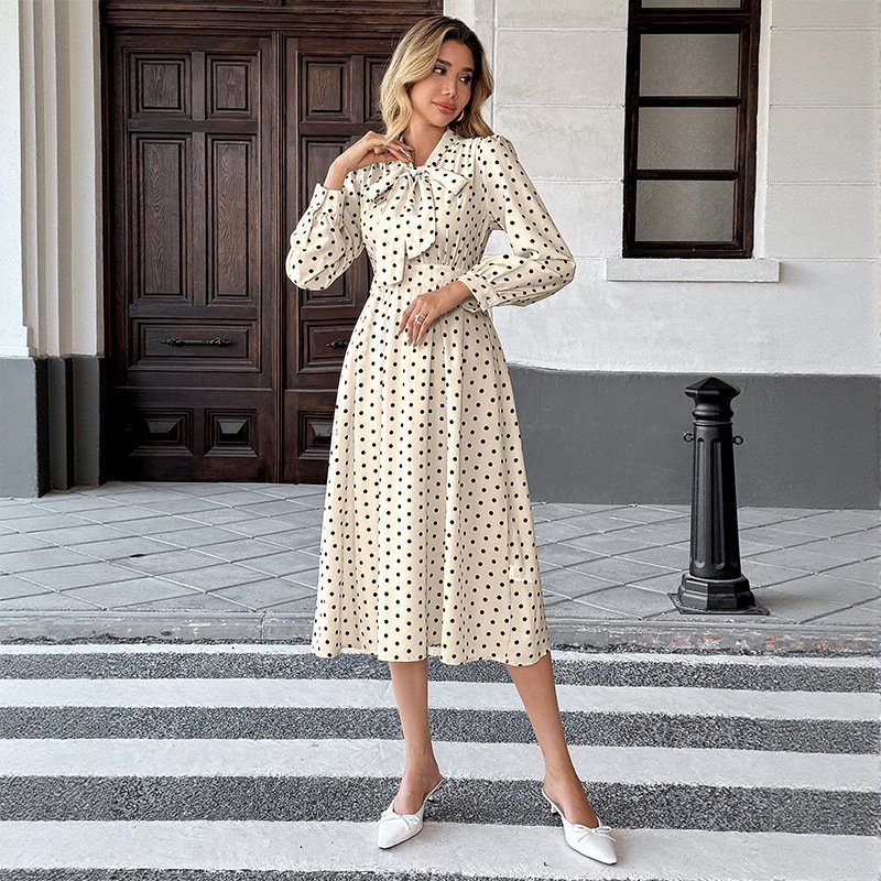 New Elegant Retro Style Bow Collar Long Sleeve Waist Dress - Image 3